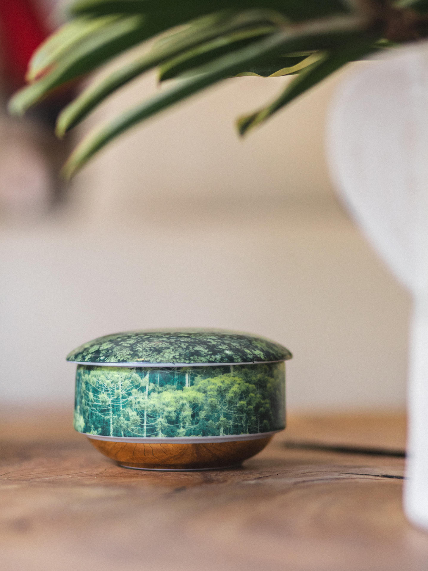 Coleção Floresta de Bolso em porcelana com paisagem verde e base amadeirada